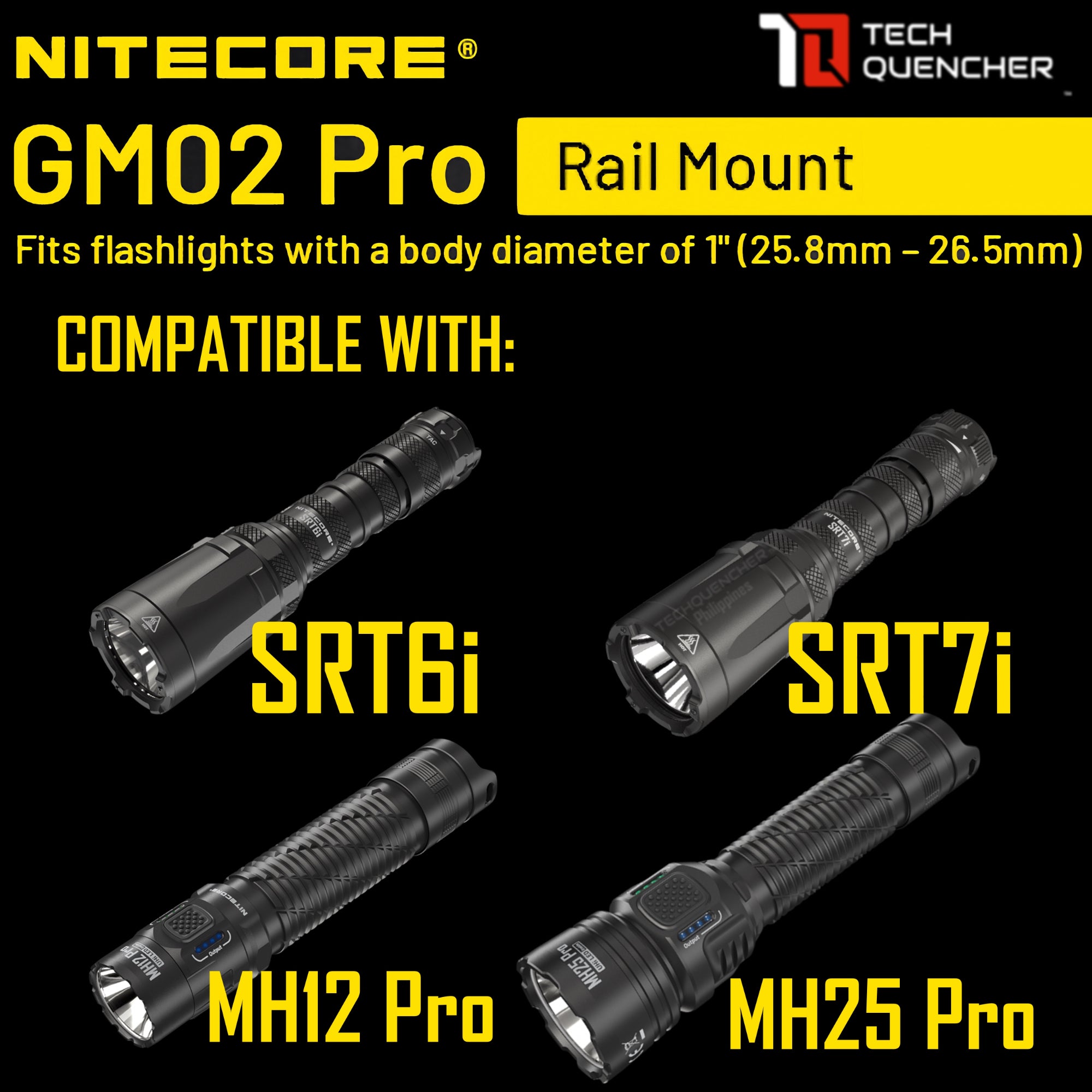 Nitecore GM02 Pro Flashlight Holder - Rail Mount  - ( 25.8mm - 26.5mm ) Diameter - SRT7i SRT6I MH12 PRO MH25 PRO