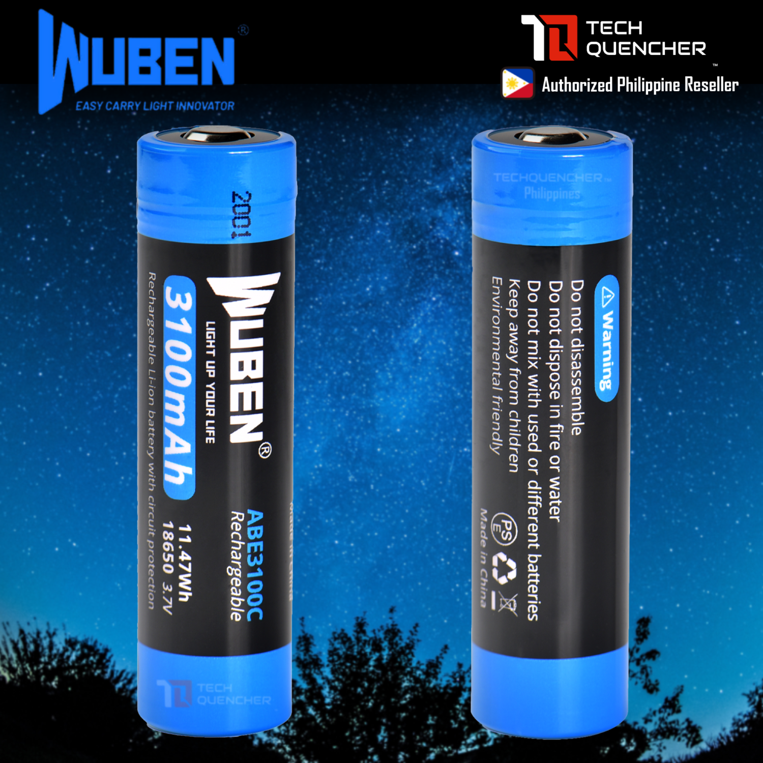 Wuben ABE3100C 18650 Battery - Rechargeable 3100mAh - Li-ion Battery - 25A - Circuit Protection