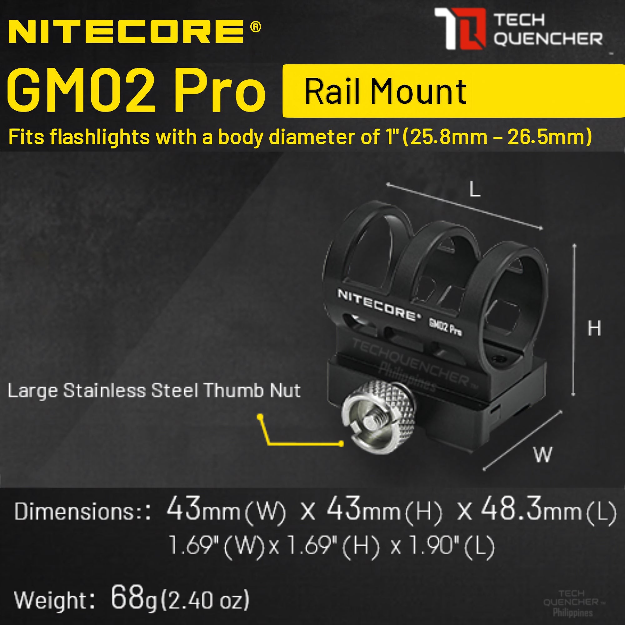 Nitecore GM02 Pro Flashlight Holder - Rail Mount  - ( 25.8mm - 26.5mm ) Diameter - SRT7i SRT6I MH12 PRO MH25 PRO