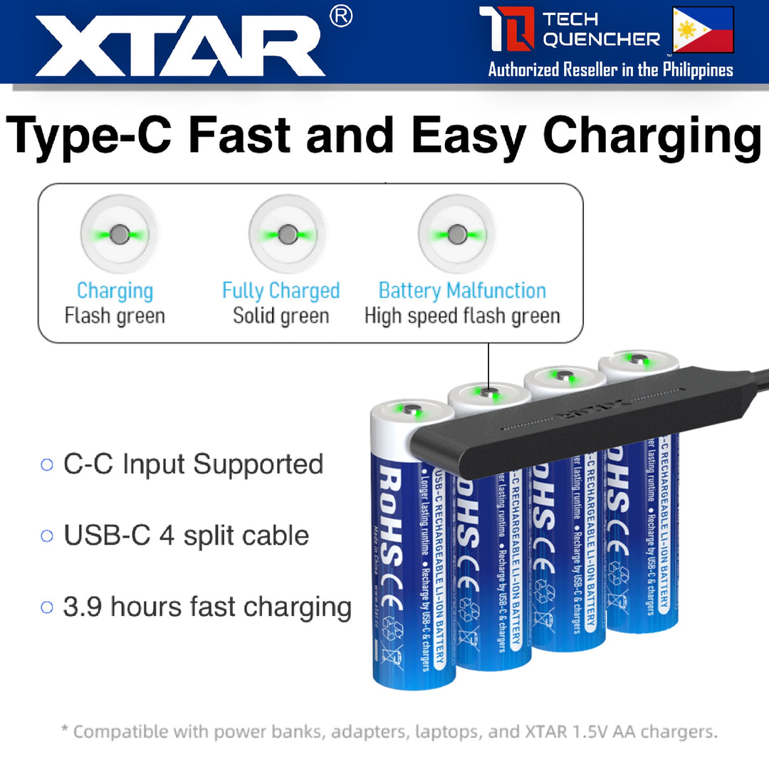 XTAR AA LR 1.5V 3000mAh USB-C Rechargeable Lithium Battery - 3.9h Fast Charging - Light Indicators