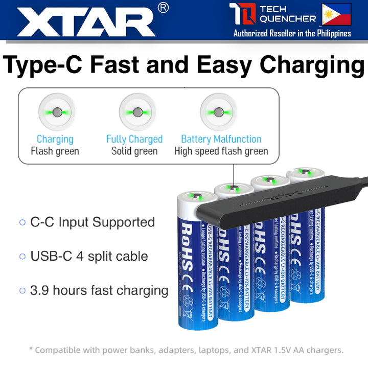XTAR AA LR 1.5V 3000mAh USB-C Rechargeable Lithium Battery - 3.9h Fast Charging - Light Indicators