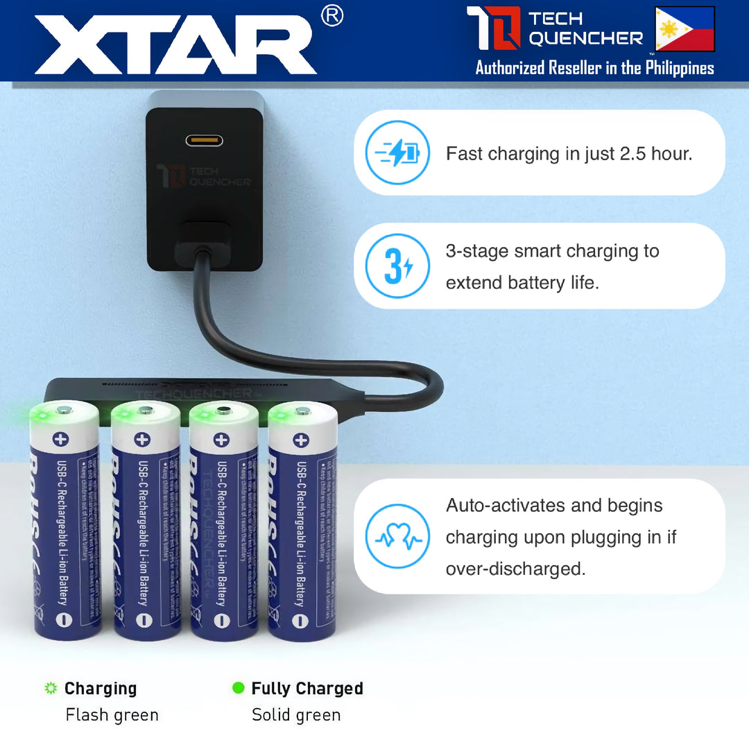XTAR AA LR 1.5V 2000mAh USB-C Rechargeable Lithium Battery - 2.5H Fast Charging - Light Indicators