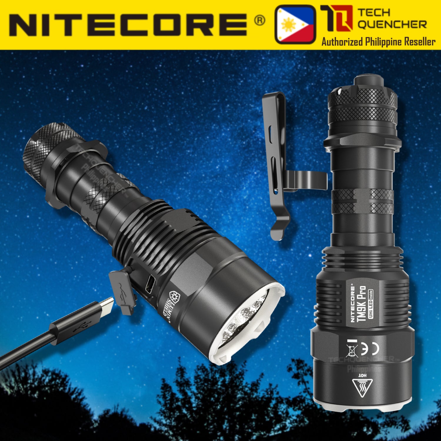 Nitecore TM9K Pro Flashlight - 9900 Lumens - 5000mAh Battery - USB-C - IP68 - Tac Ring -27 cores LED