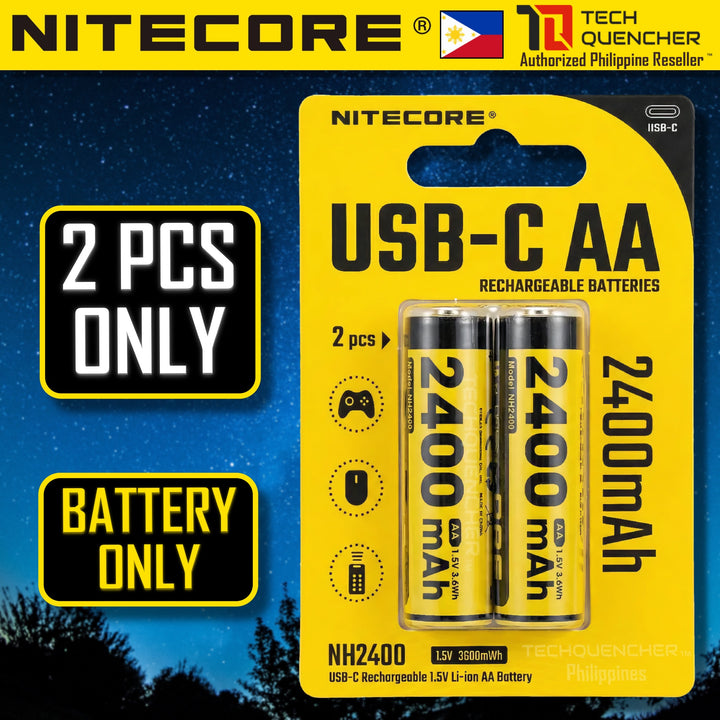 Nitecore NH2400 AA Battery - USB-C - 2400mAh Rechargeable AA Battery with Split Charging Cable