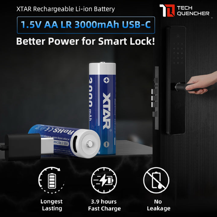 XTAR AA LR 1.5V 3000mAh USB-C Rechargeable Lithium Battery - 3.9h Fast Charging - Light Indicators