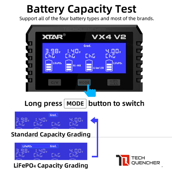 XTAR VX4 Battery Charger - Capacity Test - USB-C - 26650 21700 18650 AA AAA - LiFePO4 -Li-ion -Ni-MH