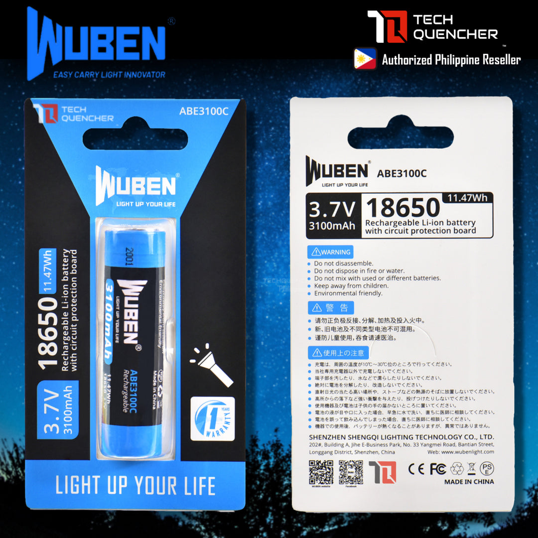 Wuben ABE3100C 18650 Battery - Rechargeable 3100mAh - Li-ion Battery - 25A - Circuit Protection