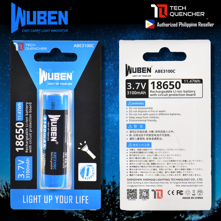 Wuben ABE3100C 18650 Battery - Rechargeable 3100mAh - Li-ion Battery - 25A - Circuit Protection