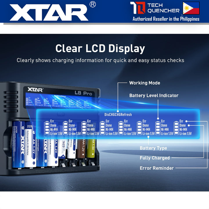 XTAR L8 Pro Battery Charger - USB-C - AA  AAA - 1.5v Li-ion - 1.2v Ni-MH - Refresh + Dishcharge Mode
