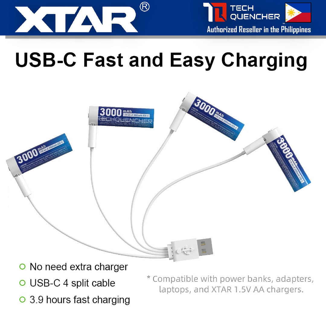 XTAR AA LR 1.5V 3000mAh USB-C Rechargeable Lithium Battery - 3.9h Fast Charging - Light Indicators