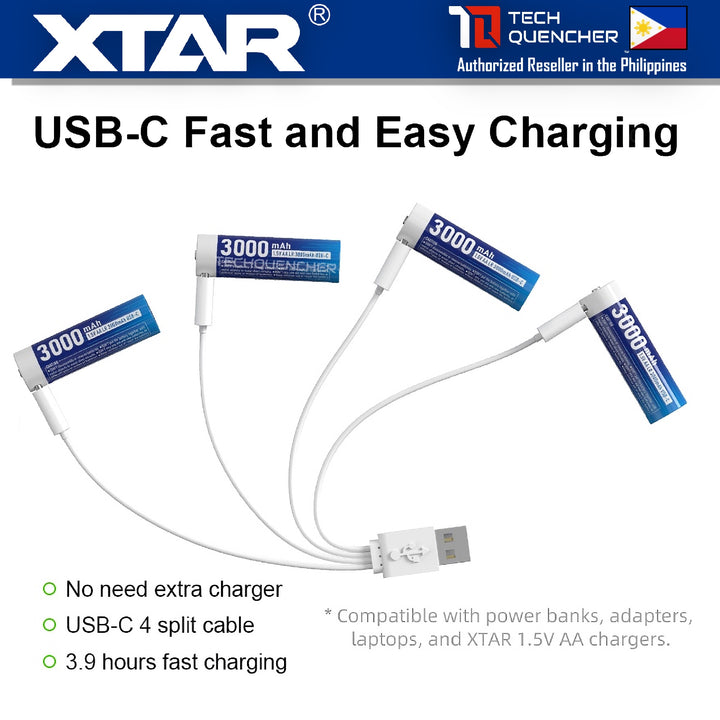 XTAR AA LR 1.5V 3000mAh USB-C Rechargeable Lithium Battery - 3.9h Fast Charging - Light Indicators