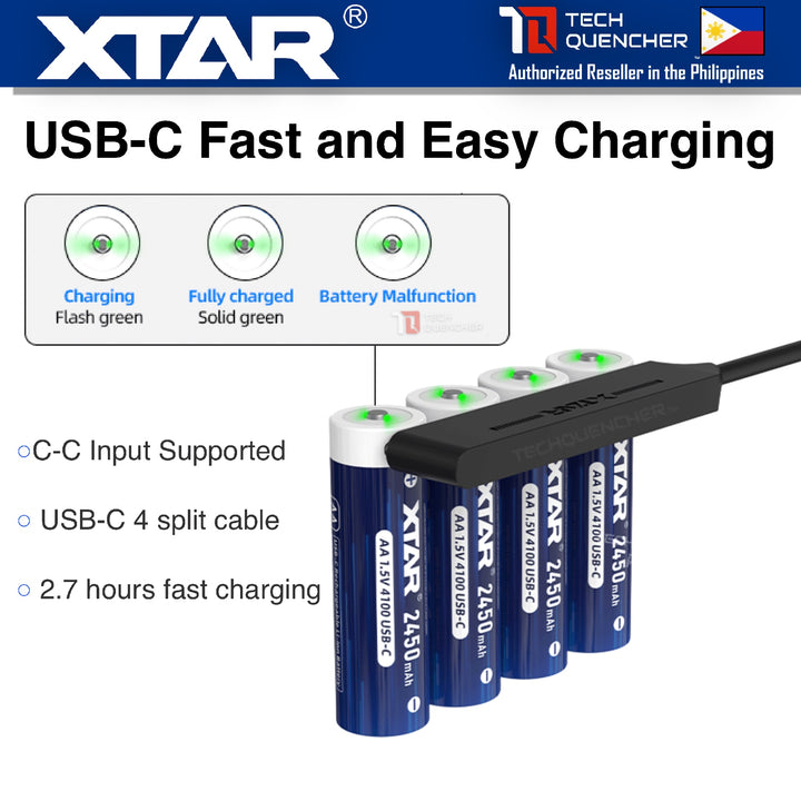XTAR AA 1.5v 2450mAh (4100mWh) USB-C Rechargeable Battery - Lithium-Ion - Indicator LED - Protected