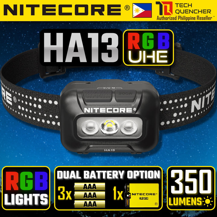 Nitecore HA13 V2 Headlamp 350 Lumens - RGB Light Red Blue Green - Dual Power - AAA or HLB1500 - IP66