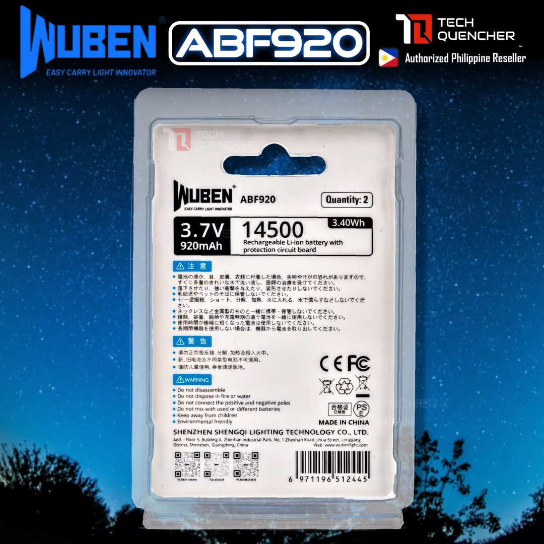 Wuben ABF920 14500 Battery - Rechargeable 920mAh - 3.7V - Protected Lithium Ion - Fits Wuben X2 Pro