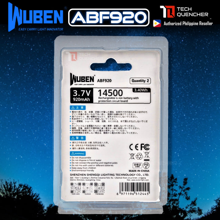 Wuben ABF920 14500 Battery - Rechargeable 920mAh - 3.7V - Protected Lithium Ion - Fits Wuben X2 Pro