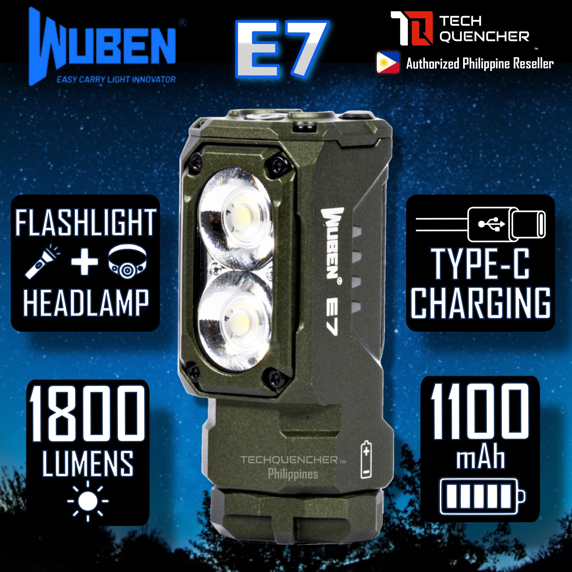 Wuben E7 Flashlight Headlamp - 1800 Lumens - Magnetic Base - Compact - AP10 Gesture Sensor - 1100mAh - 3200mAh - IP68