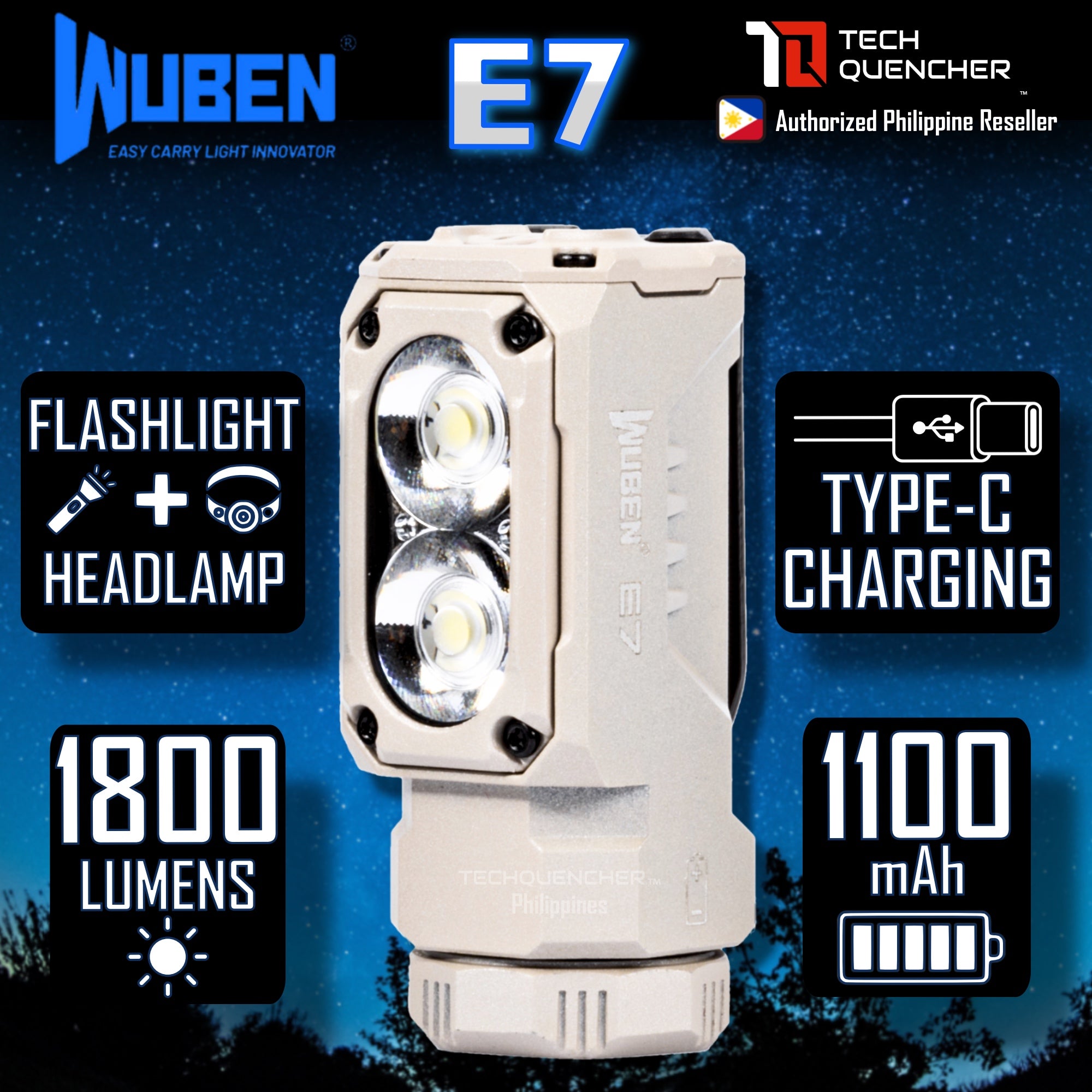 Wuben E7 Flashlight Headlamp - 1800 Lumens - Magnetic Base - Compact - AP10 Gesture Sensor - 1100mAh - 3200mAh - IP68