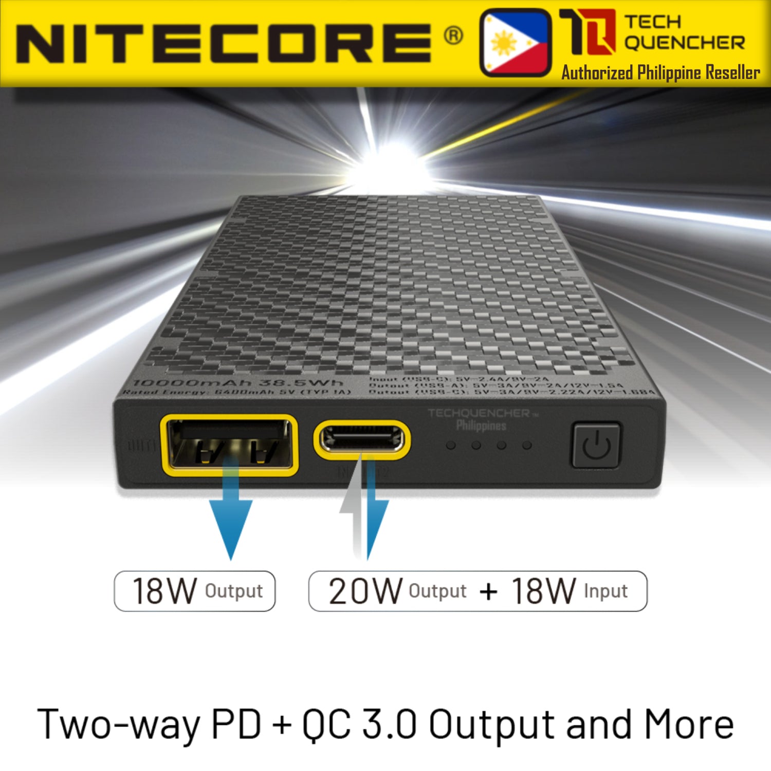 Nitecore NB10000 GEN2 V2 - 10000 mAh Powerbank - Ultra Slim Body - Carbon Fiber - PD QC 3.0 Charging