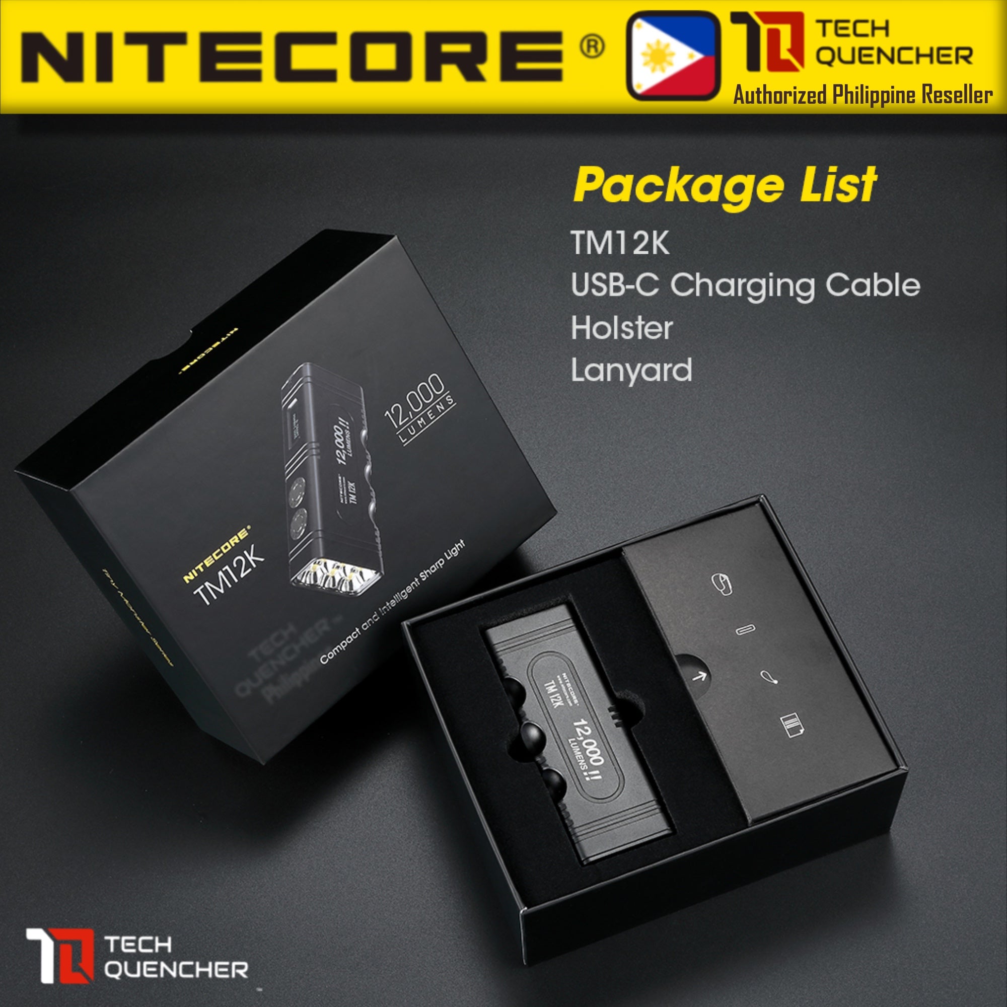 Nitecore TM12K Flashlight - 12000 Lumens - 4800mAh Battery - USB-C QC Charging - Compact Tactical