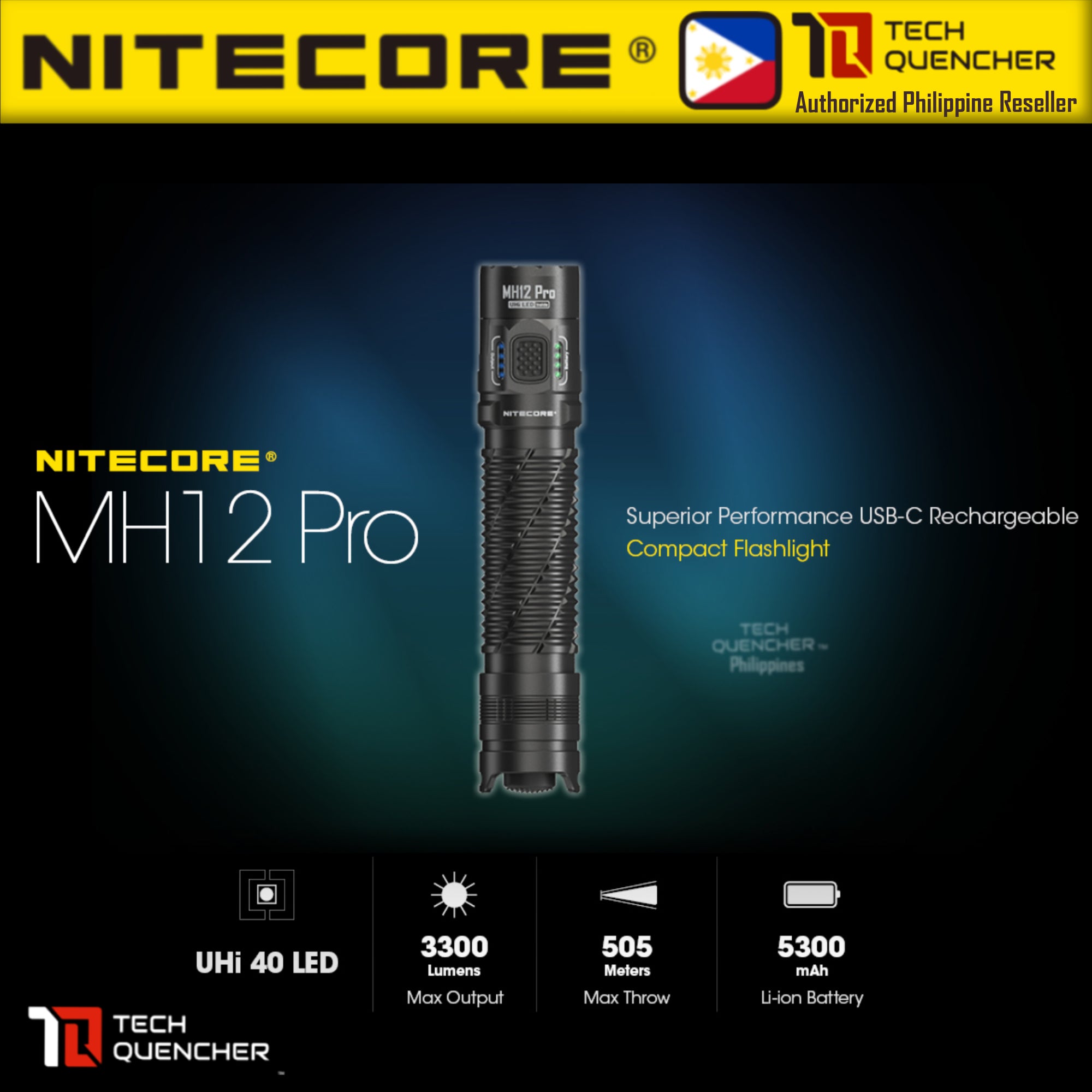 Nitecore MH12 PRO Flashlight 3300 Lumens - USB-C Charging 5300mAh Battery - 505 meters Beam Distance