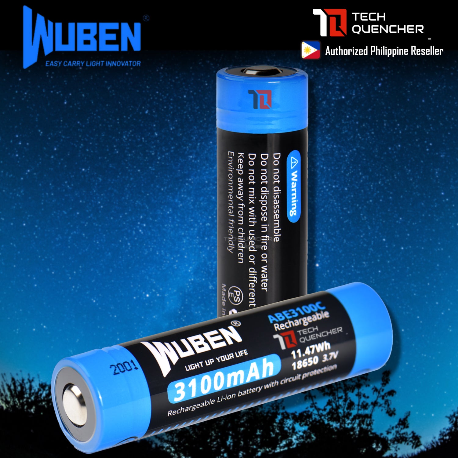 Wuben ABE3100C 18650 Battery - Rechargeable 3100mAh - Li-ion Battery - 25A - Circuit Protection