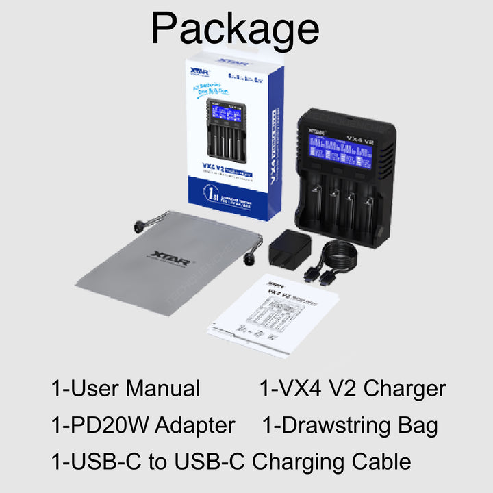 XTAR VX4 Battery Charger - Capacity Test - USB-C - 26650 21700 18650 AA AAA - LiFePO4 -Li-ion -Ni-MH
