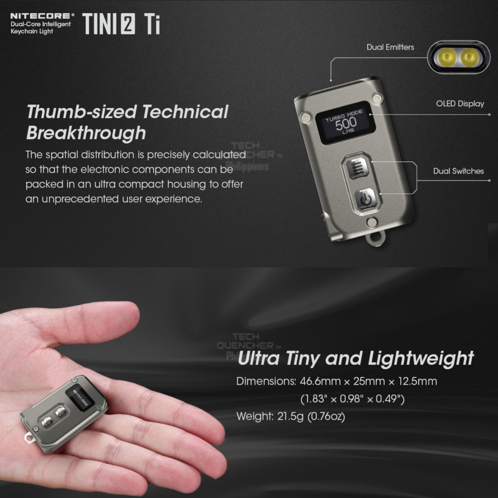 Nitecore Tini2 Special Edition - Ti and SS - Keychain Flashlight - 500 Lumens - 21.5g - OLED - USB-C