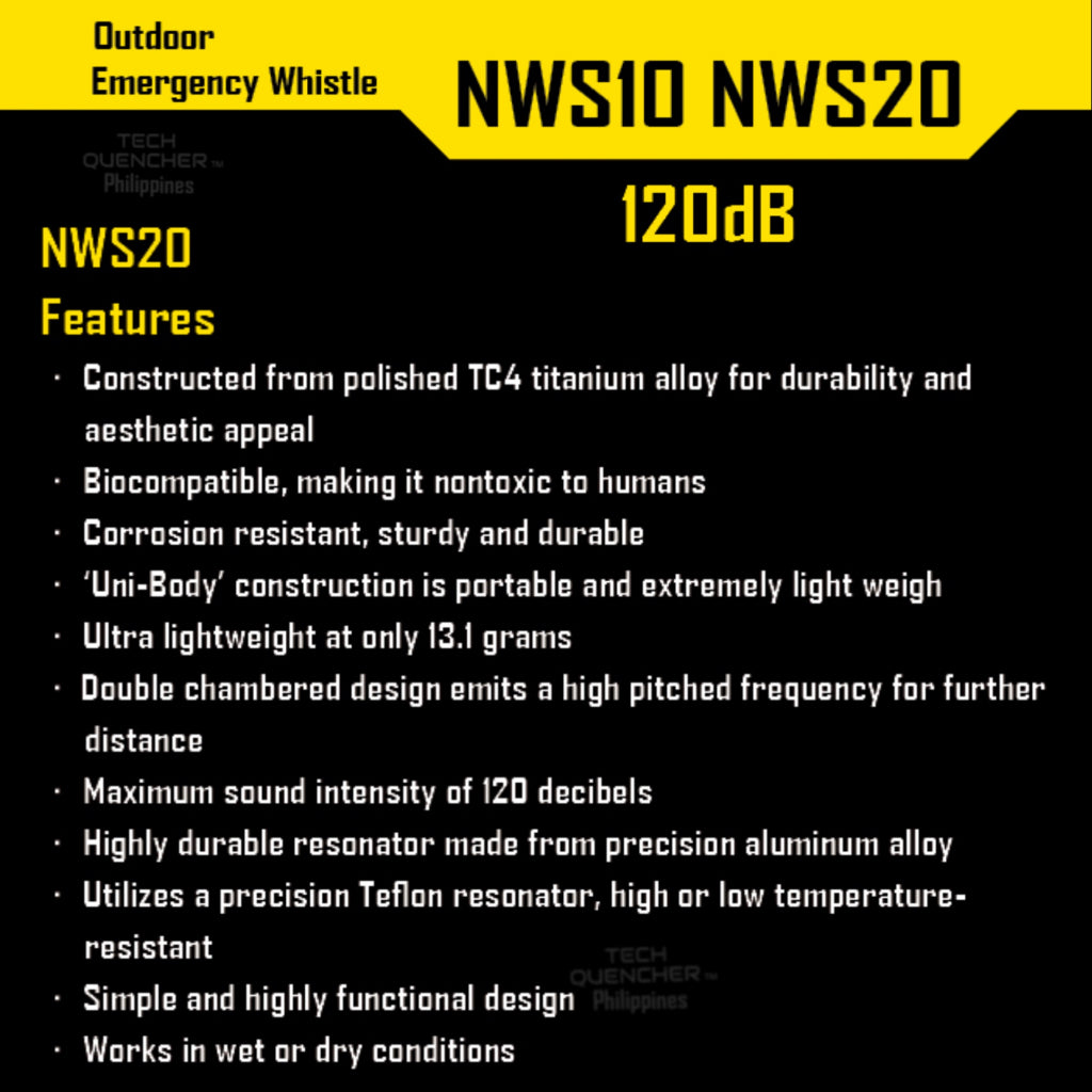 Nitecore NWS10 Titanium Whistle - Outdoor Emergency Whistle - 120 decibels - Teflon Resonator - EDC