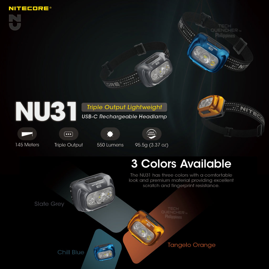 Nitecore NU31 Headlamp 550 Lumens - 95.5g -Triple Output - USB-C 1800mah Rechargeable Battery - IP66