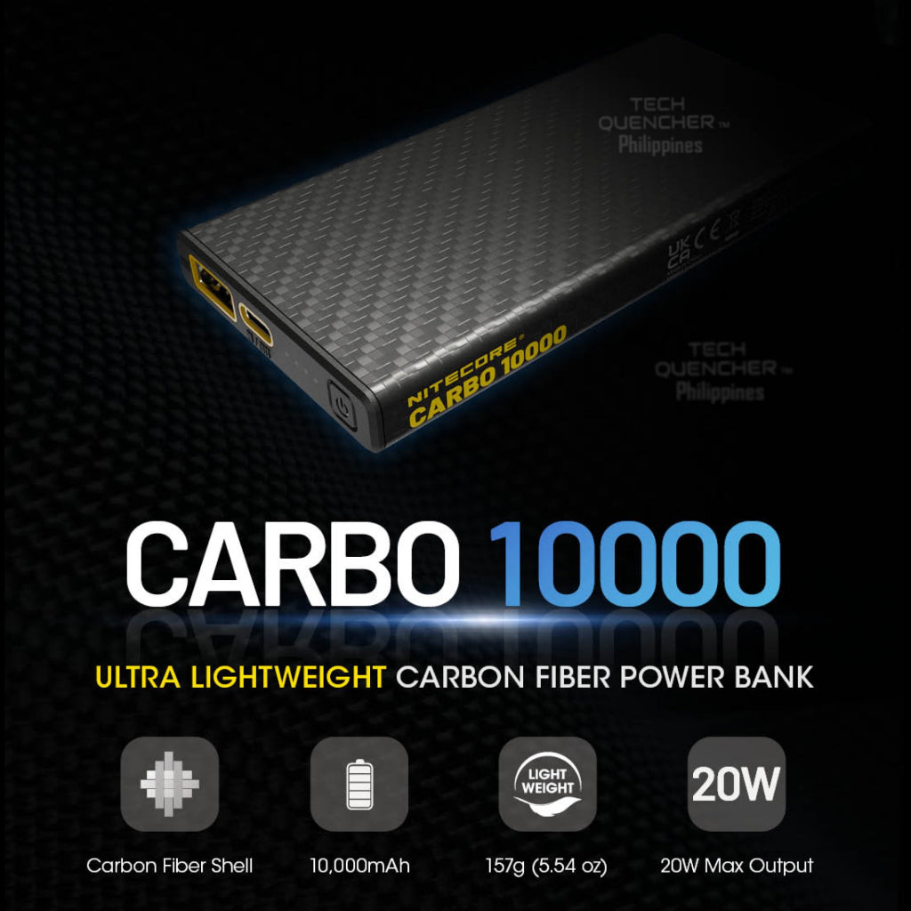 Nitecore Carbo 10000 - Unibody Carbon Fiber Powerbank 10000mAh - QC PD Charging -20watts -157 grams