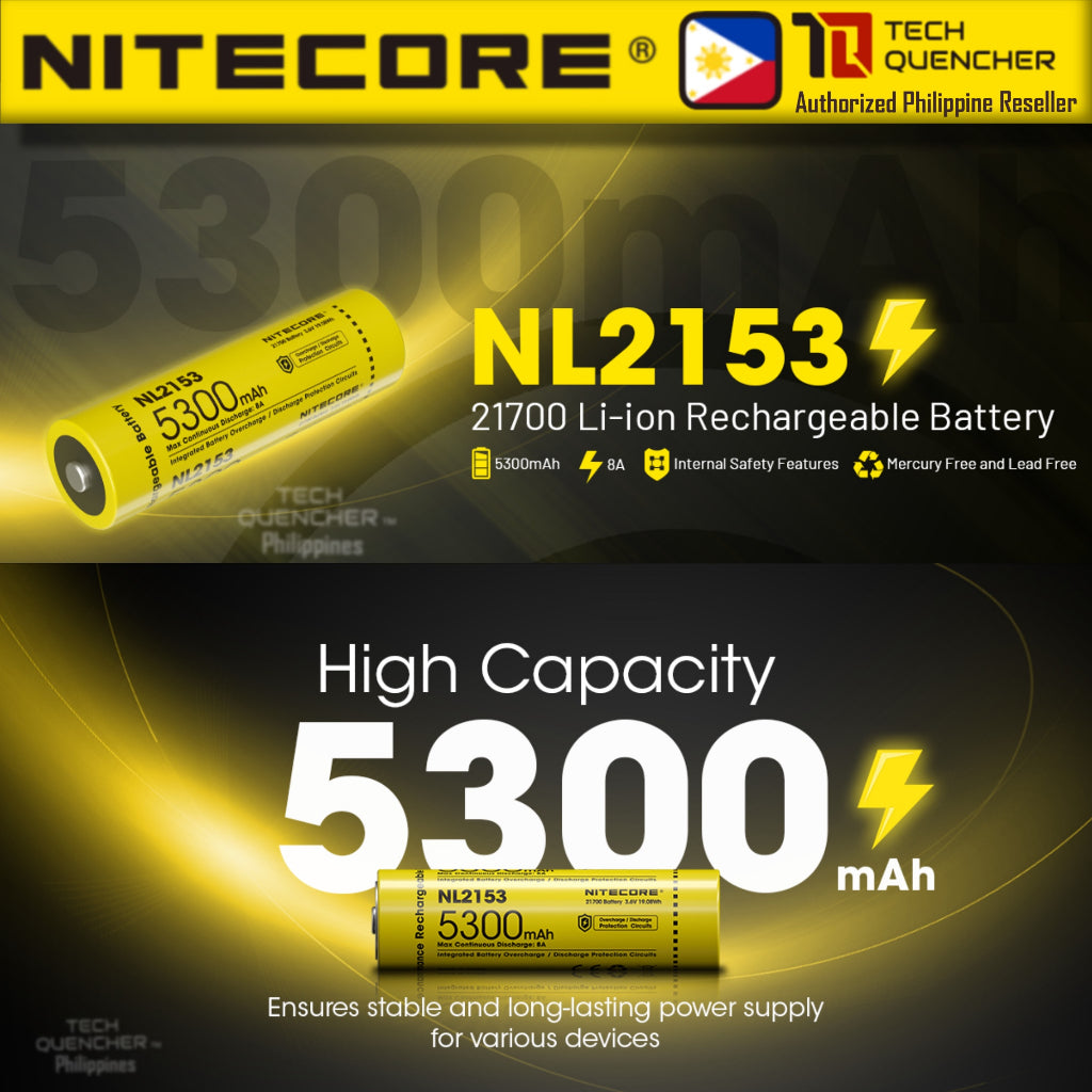 Nitecore NL2153 Battery 5300mAh 8A 21700 High Capacity Protected Li-ion Rechargeable Battery