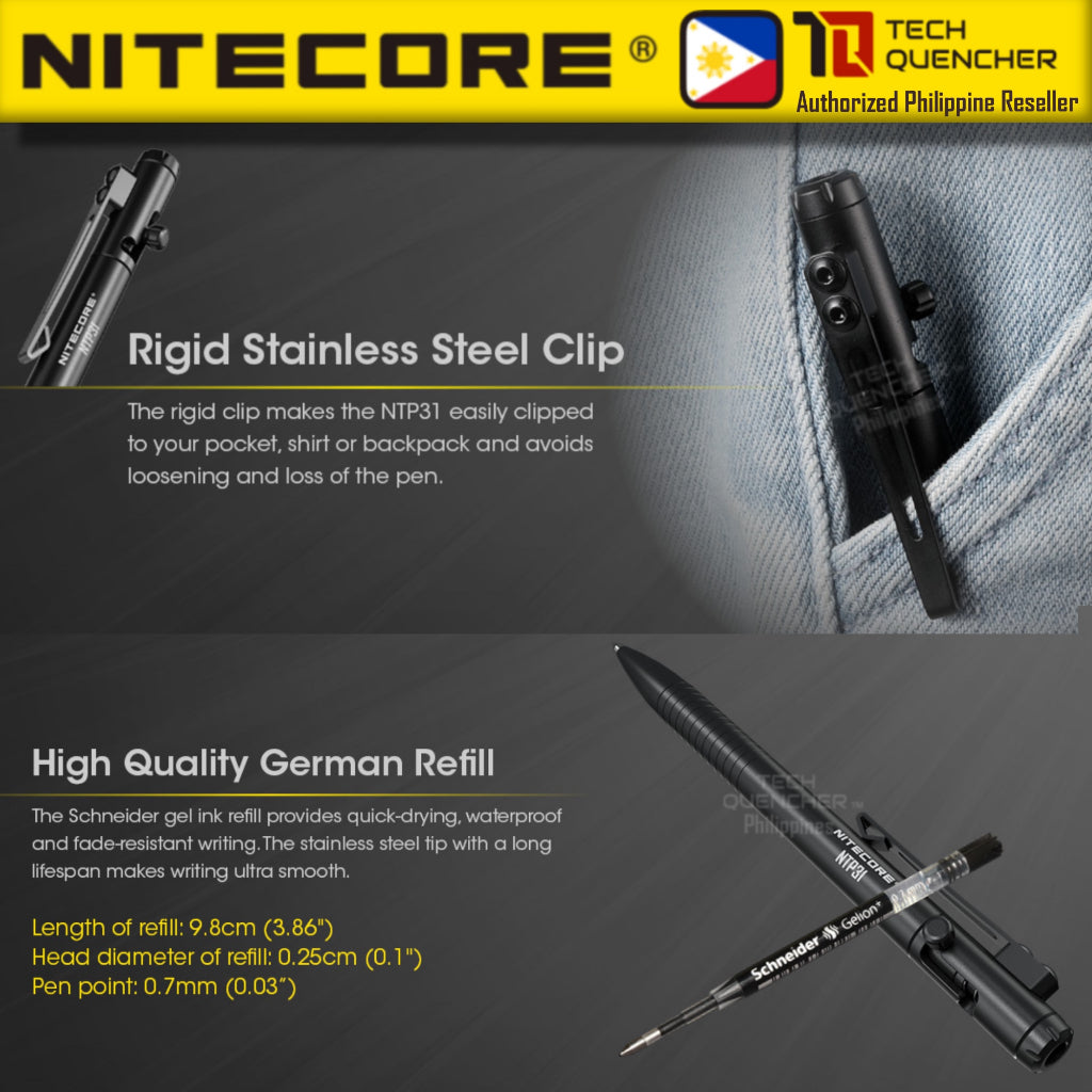 Nitecore NTP31 Tactical Pen - Bidirectional Bold Design - CNC Aluminum Alloy Body - Tungsten Tip