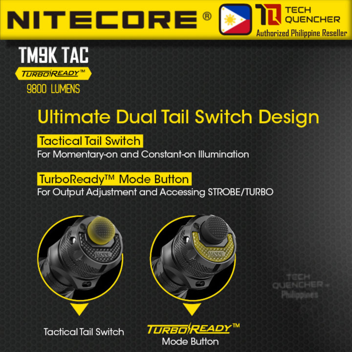 Nitecore TM9K TAC Flashlight - 9800 Lumens - 5000mAh Battery - USB-C QC Charging - IP68 - Tac Ring