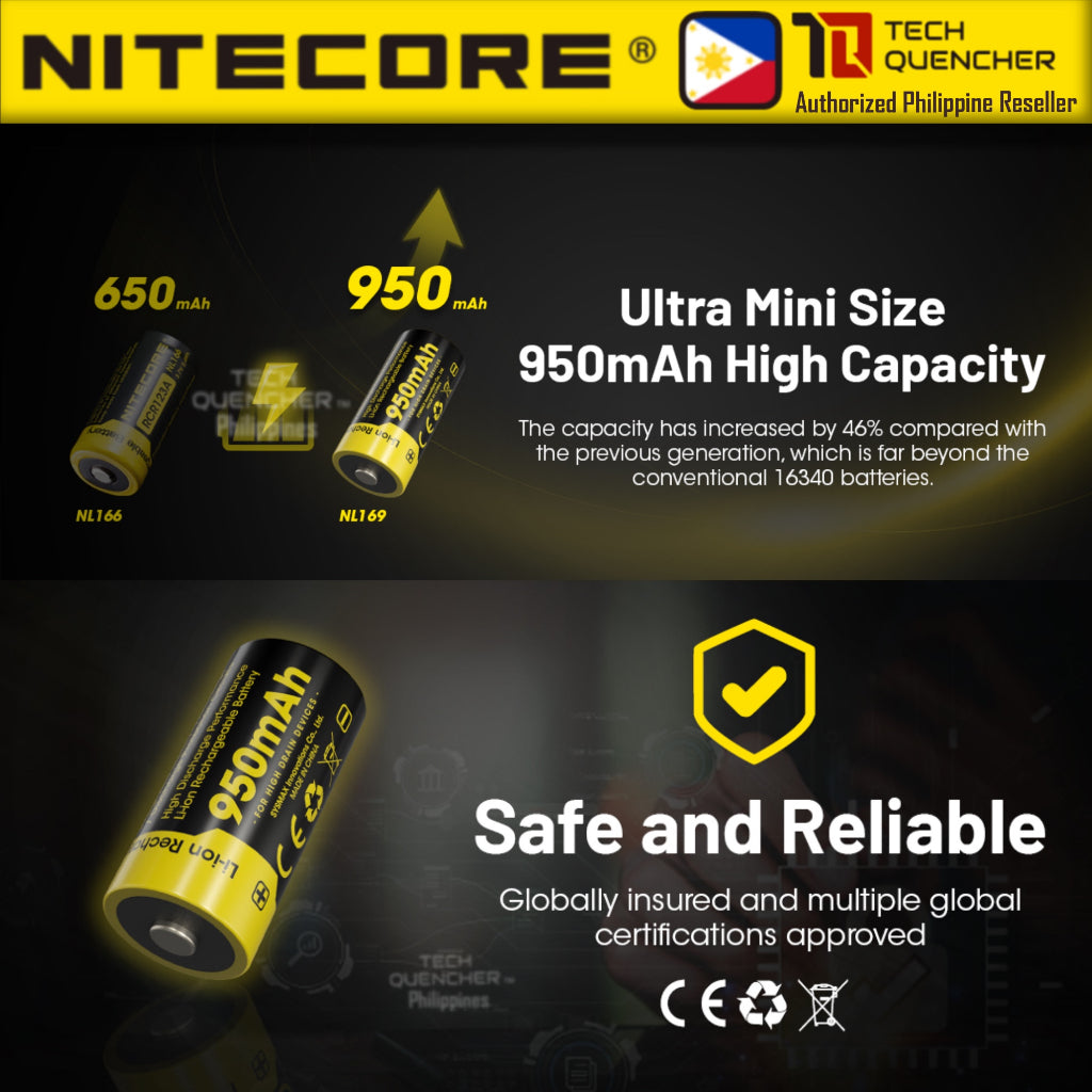 Nitecore NL169 - RCR123A 16340 - 950mAh - 2A - High Capacity Protected Li-ion Rechargeable Battery