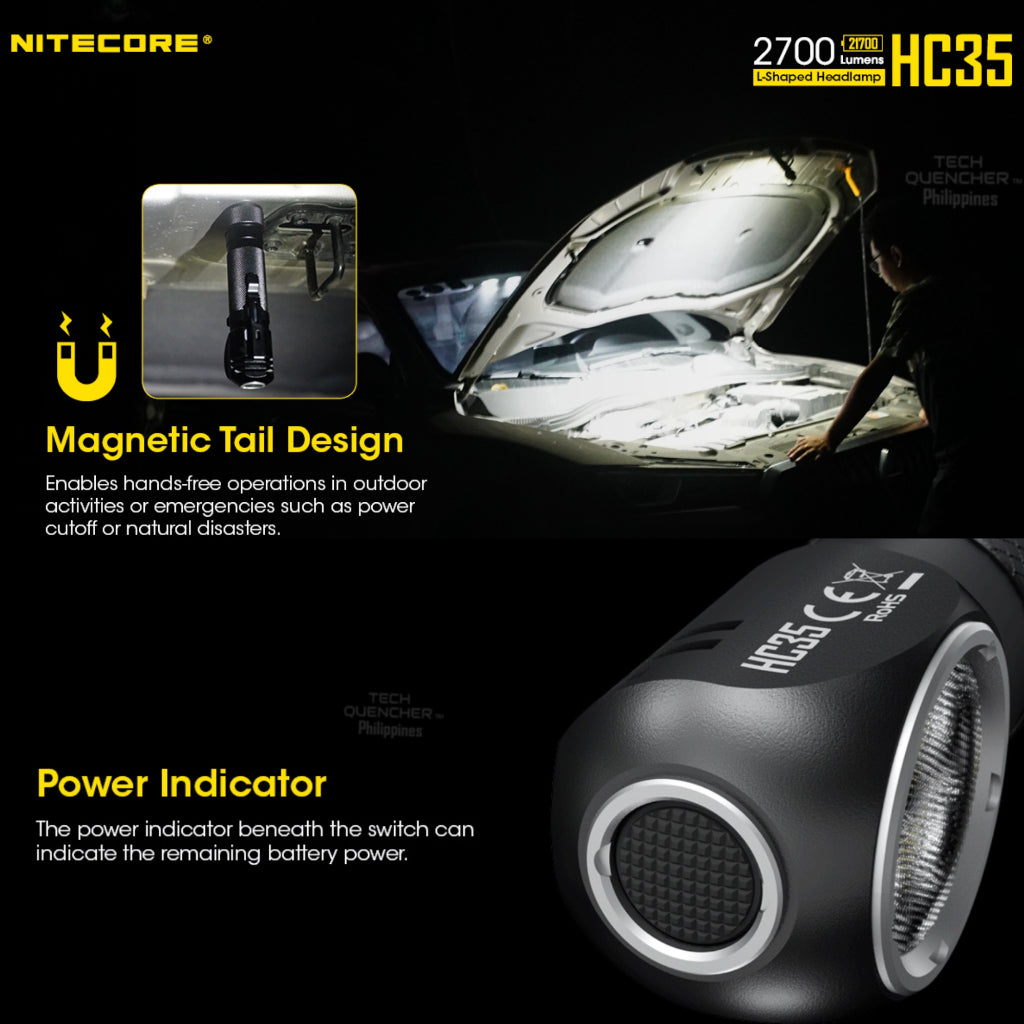 Nitecore HC35 Headlamp Flashlight  - 2700 Lumens - Magnetic Tail - USB Charging - L-Shaped - IP68