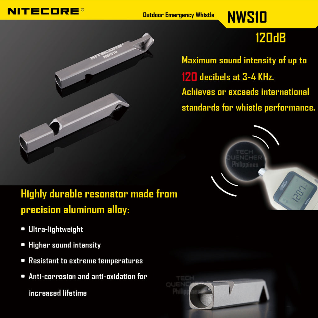 Nitecore NWS10 Titanium Whistle - Outdoor Emergency Whistle - 120 decibels - Teflon Resonator - EDC