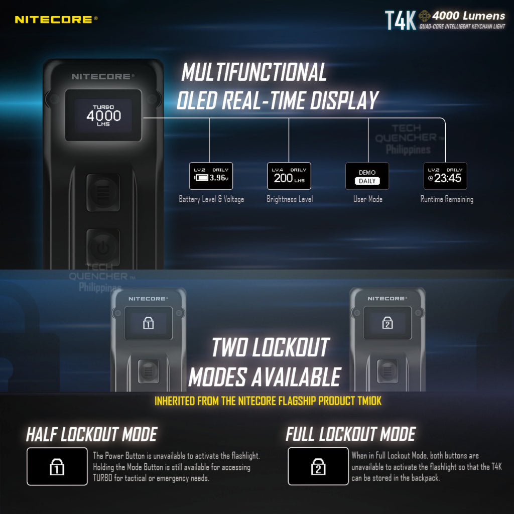 Nitecore T4K Keychain Flashlight - 4000 Lumens - Mechanical Release - OLED Display - USB-C Charging