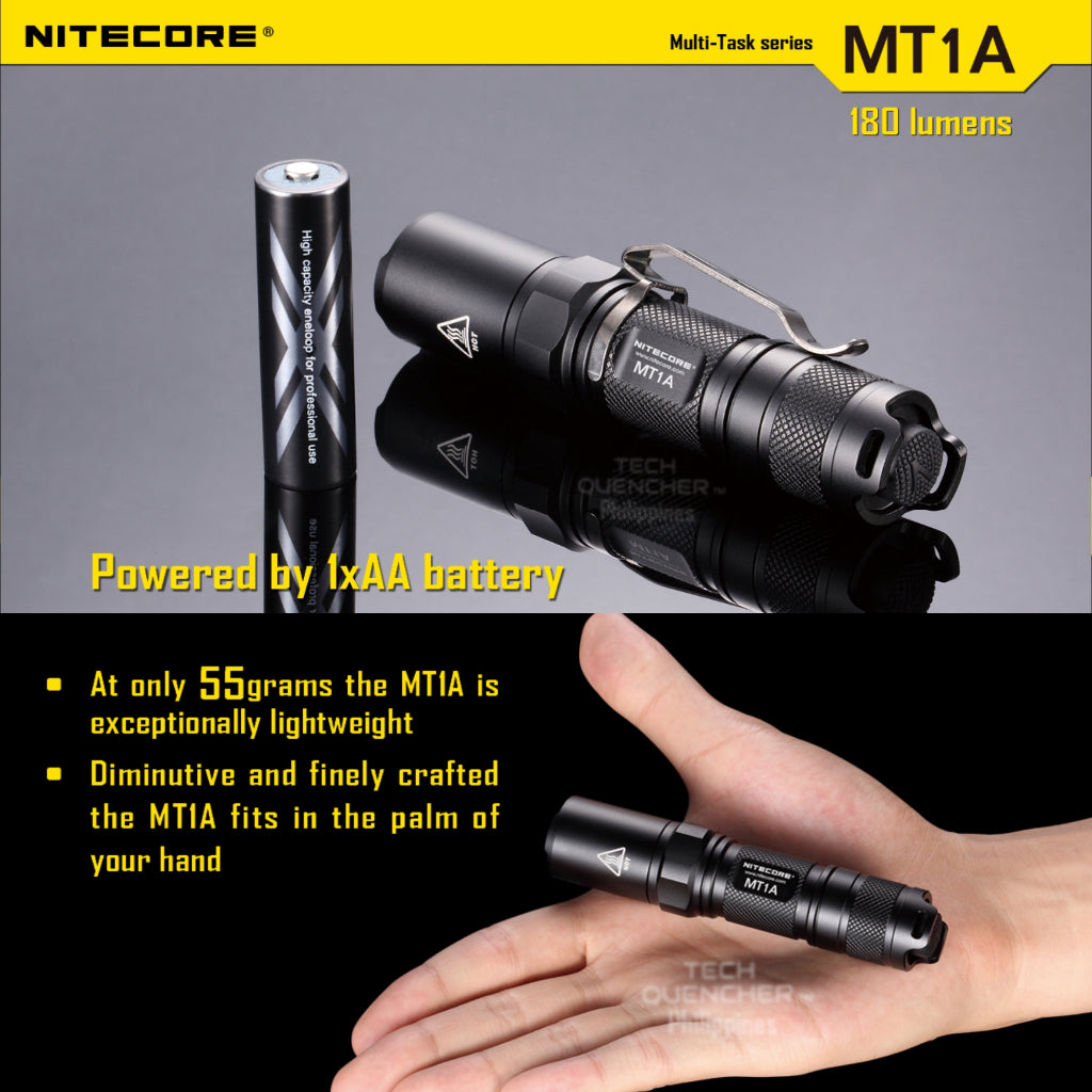 Nitecore MT1A Flashlight - 180 Lumens - AA Battery - Turbo Mode - 55grams - 60h runtime - IPX8