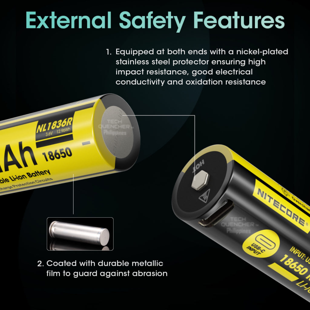 Nitecore NL1836R Battery - 3600mAh - 18650 - USB-C Charging - High Performance Protected Circuit