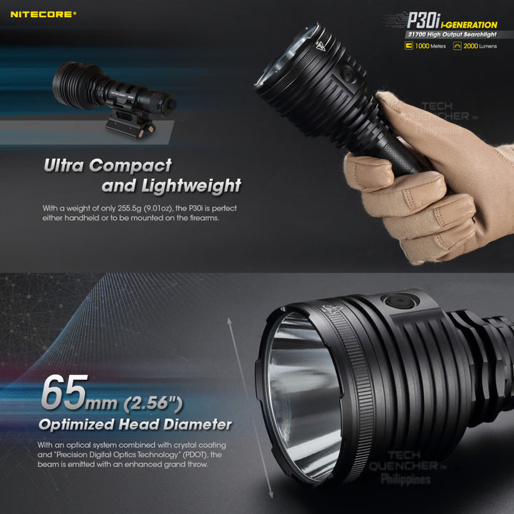 Nitecore P30i Flashlight 2000 Lumens- 1000m Beam Throw - USB-C Rechargeable 5000mAh Battery - IP68