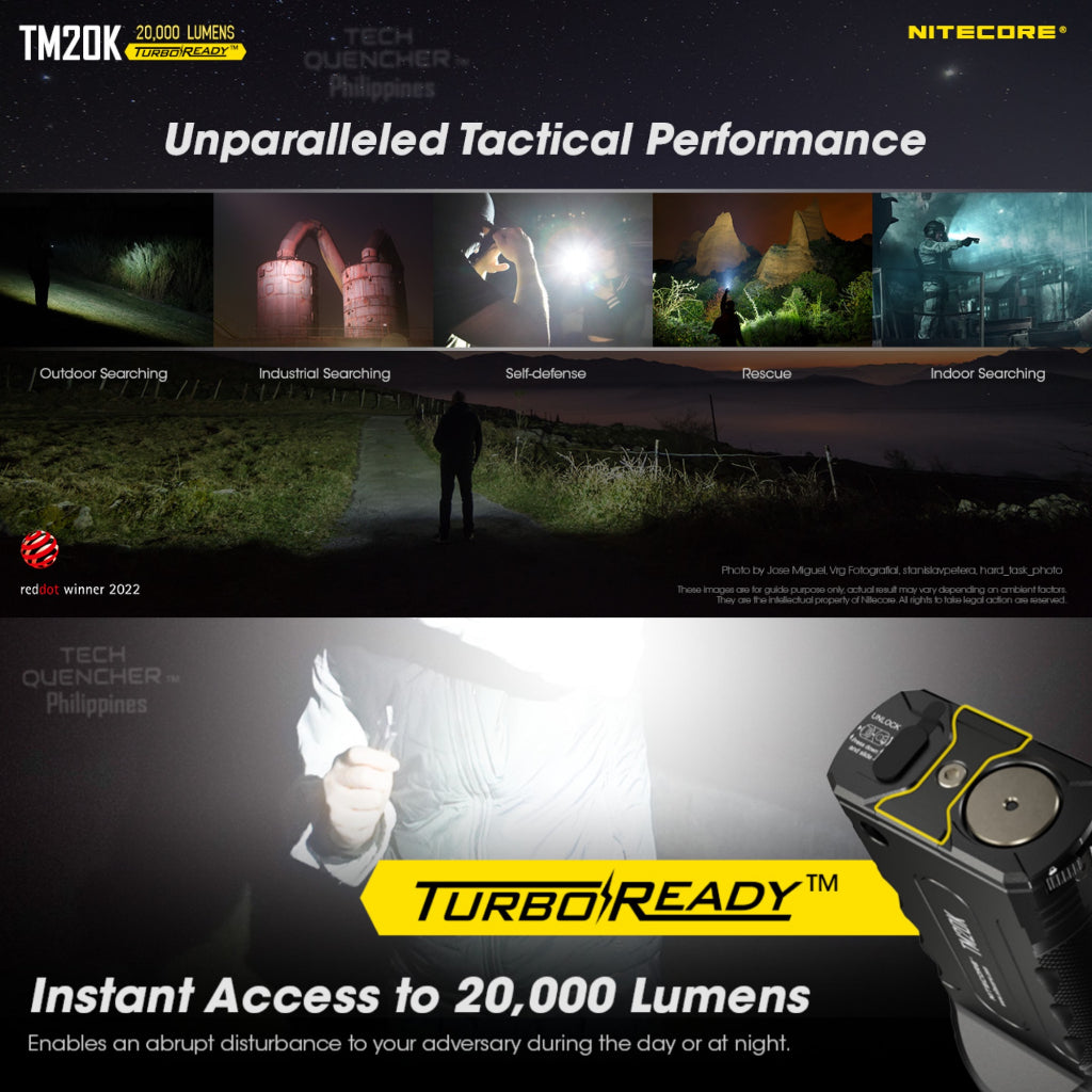 Nitecore TM20K Flashlight - 20000 Lumens - 9600mAh Battery - USB-C QC Charging - Tactical Searchlight