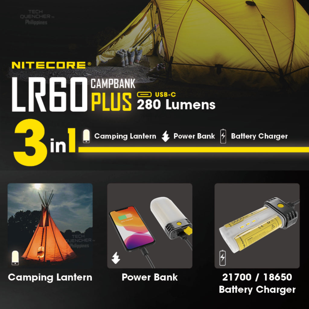 Nitecore LR60 Camping Lantern - 150h Runtime - 10000mah USB-C Rechargeable Battery - Powerbank- EDC