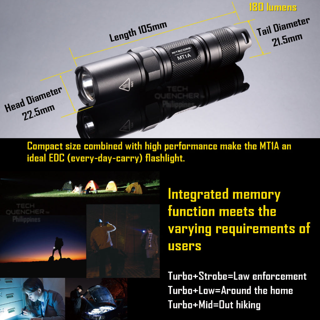 Nitecore MT1A Flashlight - 180 Lumens - AA Battery - Turbo Mode - 55grams - 60h runtime - IPX8