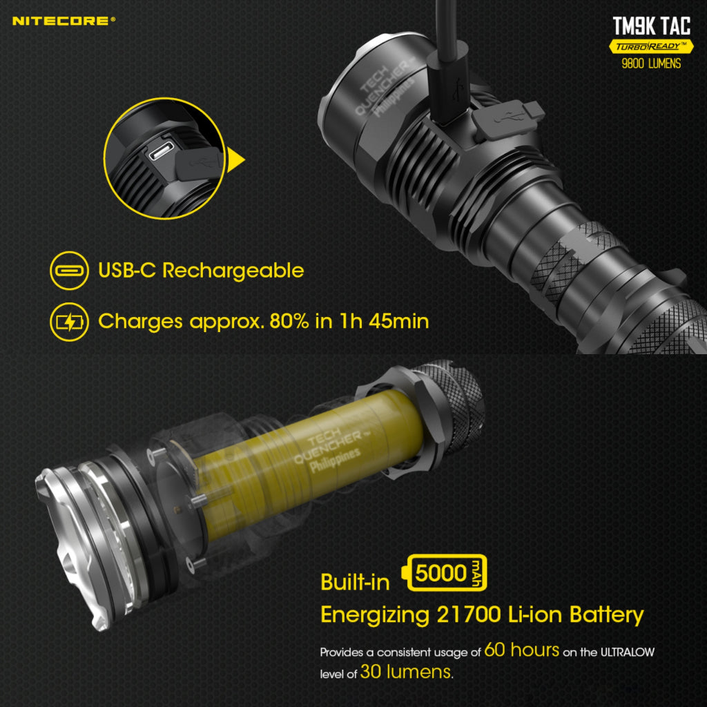 Nitecore TM9K TAC Flashlight - 9800 Lumens - 5000mAh Battery - USB-C QC Charging - IP68 - Tac Ring