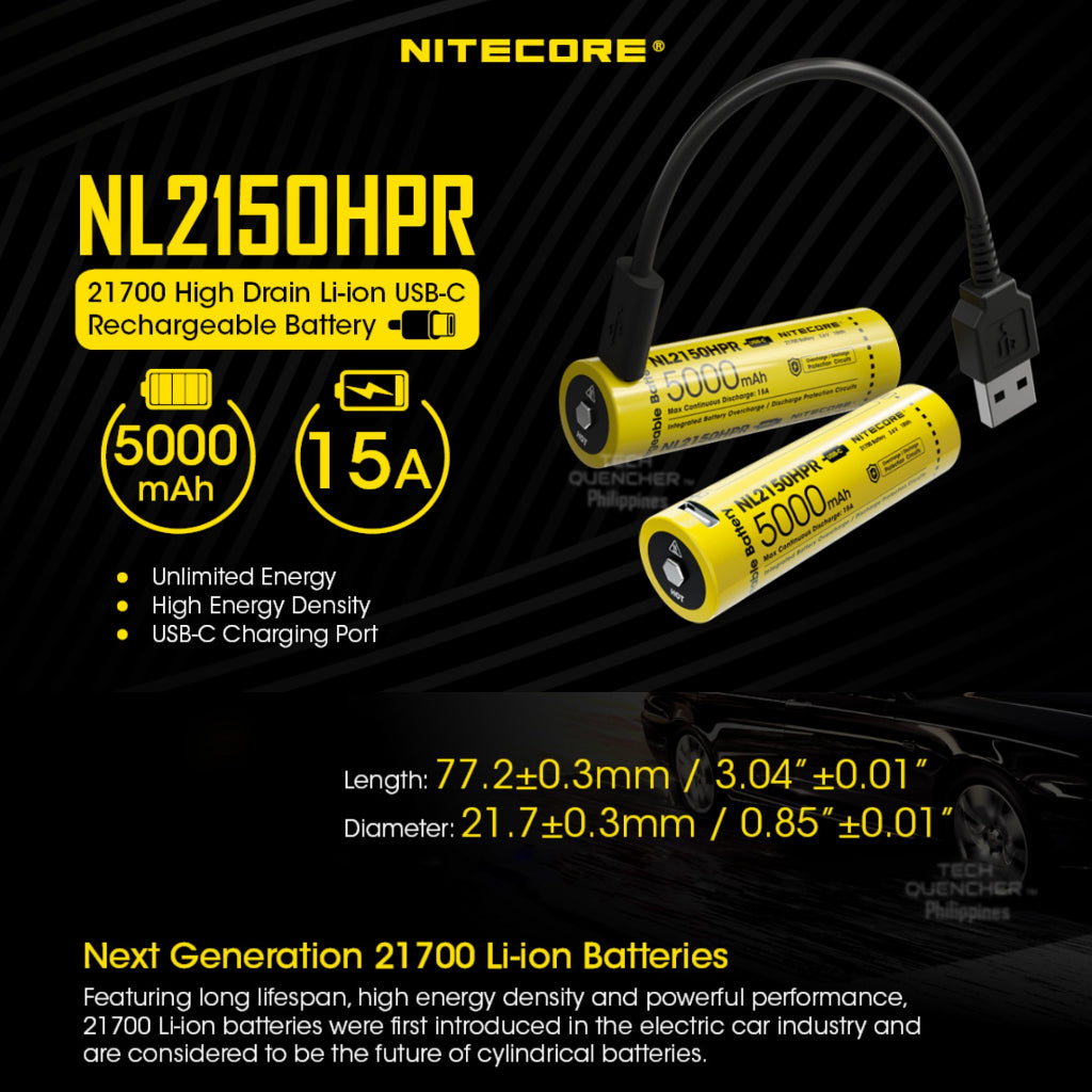 Nitecore NL2150HPR Battery - 5000mAh - 15A - 21700 - High Drain USB-C Rechargeable Battery