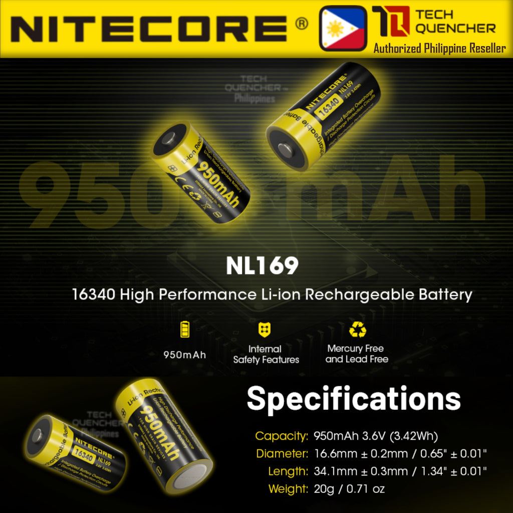 Nitecore NL169 - RCR123A 16340 - 950mAh - 2A - High Capacity Protected Li-ion Rechargeable Battery