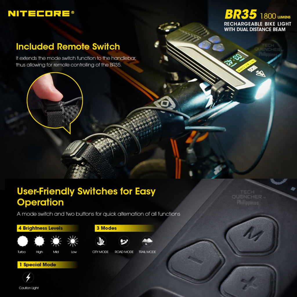 Nitecore BR35 Bike Light 1800 Lumens - Dual Beam - OLED - USB Rechargeable 6800mAh Battery - IPX7