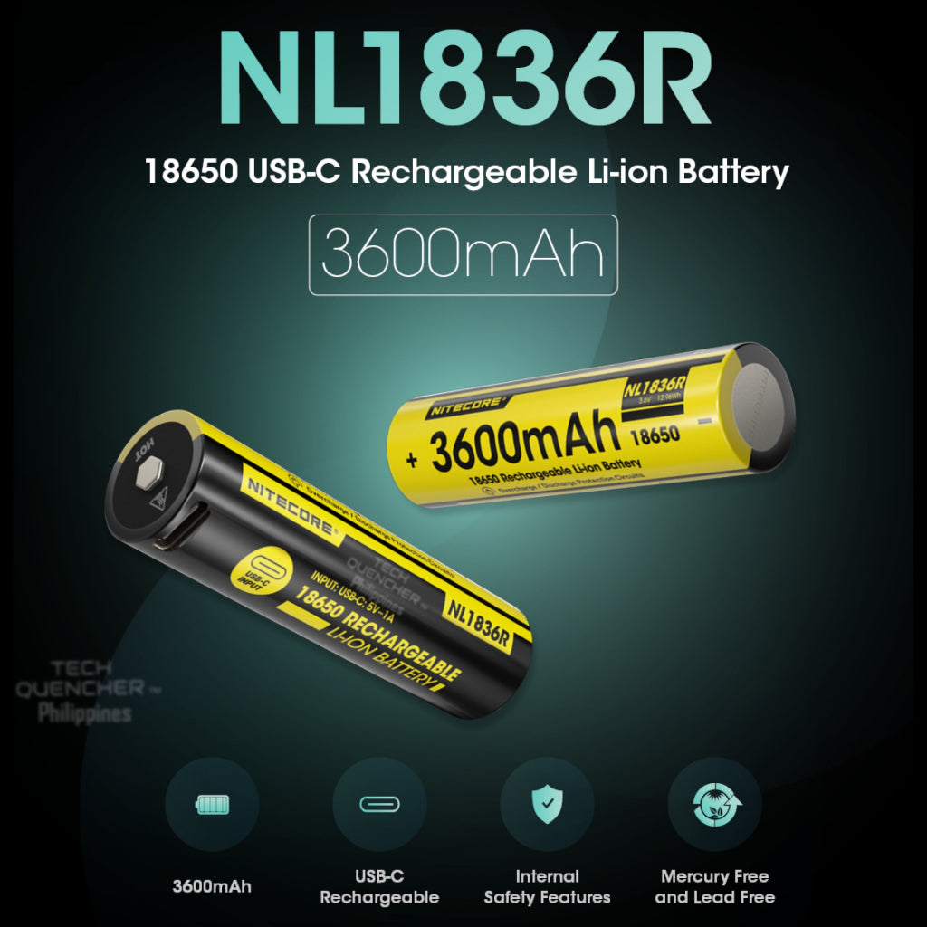 Nitecore NL1836R Battery - 3600mAh - 18650 - USB-C Charging - High Performance Protected Circuit