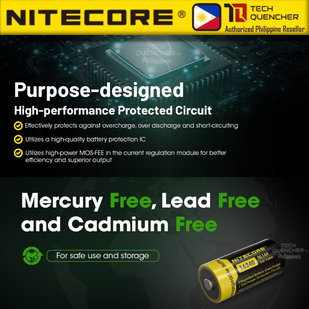 Nitecore NL169 - RCR123A 16340 - 950mAh - 2A - High Capacity Protected Li-ion Rechargeable Battery