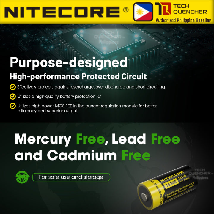 Nitecore NL169 - RCR123A 16340 - 950mAh - 2A - High Capacity Protected Li-ion Rechargeable Battery